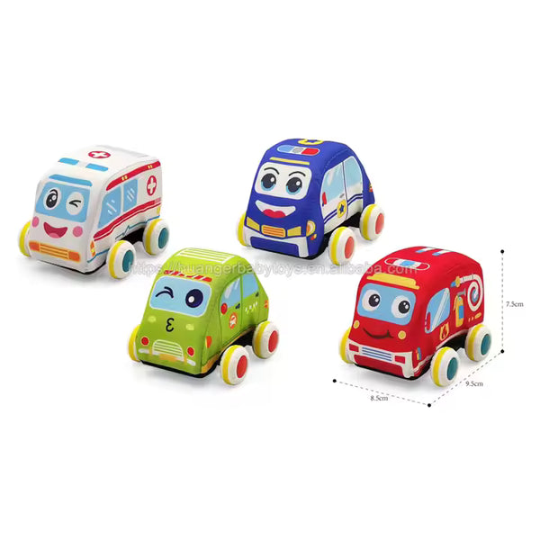 Huanger 4 Soft Pull-Back Cars with Track Mat – Baby-Safe Vehicles & Play Rug Set