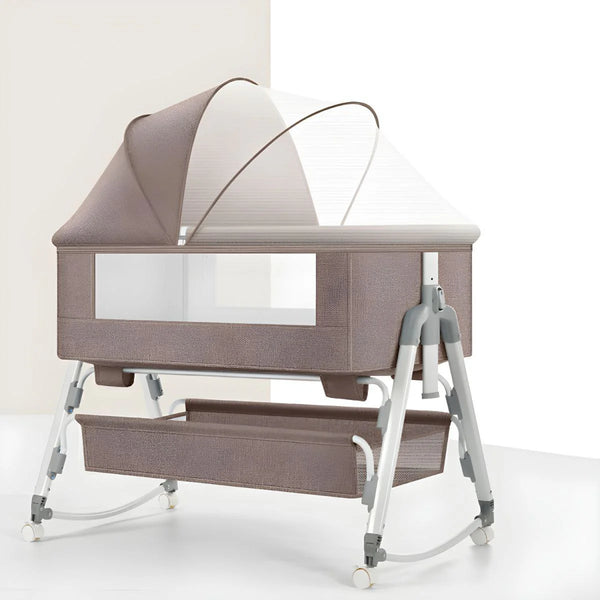 Multi-Function Baby Cradle – Beige | Rocking, Adjustable Height, Storage & Mosquito Net