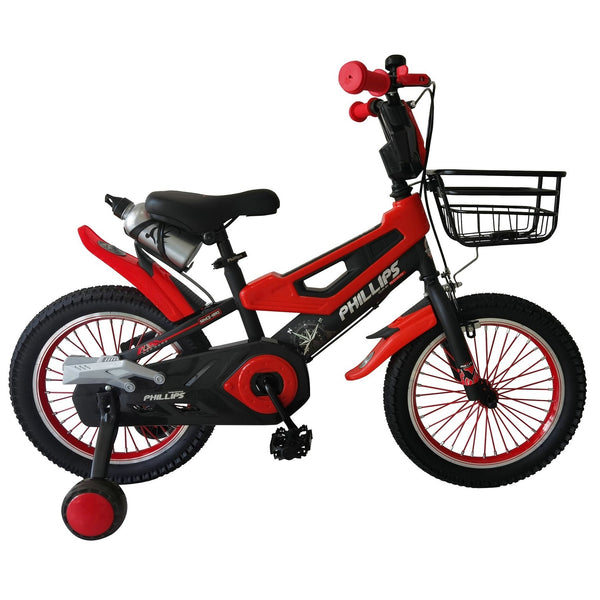 Phillips 20" Kids Bicycle with Training Wheels, Front Basket & Water Bottle – Red & Black